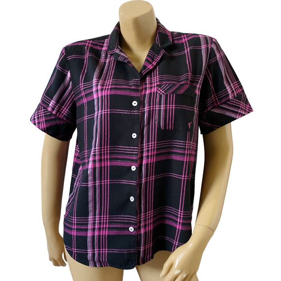 VICTORIAS SECRET Womens Size Small Plaid Short Sleeve Sleep PJ Button Up Shirt - Picture 1 of 10